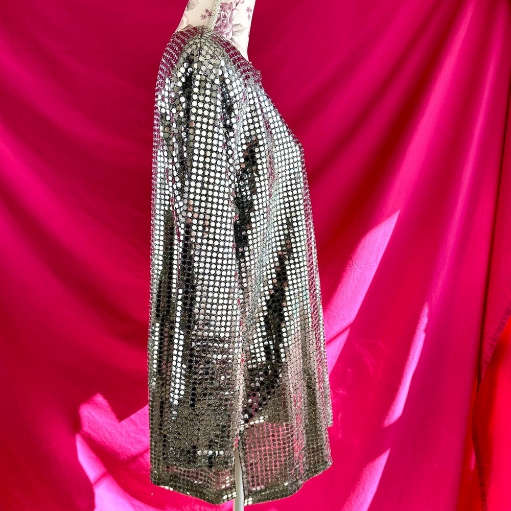 Vintage Silver Metallic Liquid Metal Top Tunic Medium 1980s Disco Party Glam - Picture 11 of 17